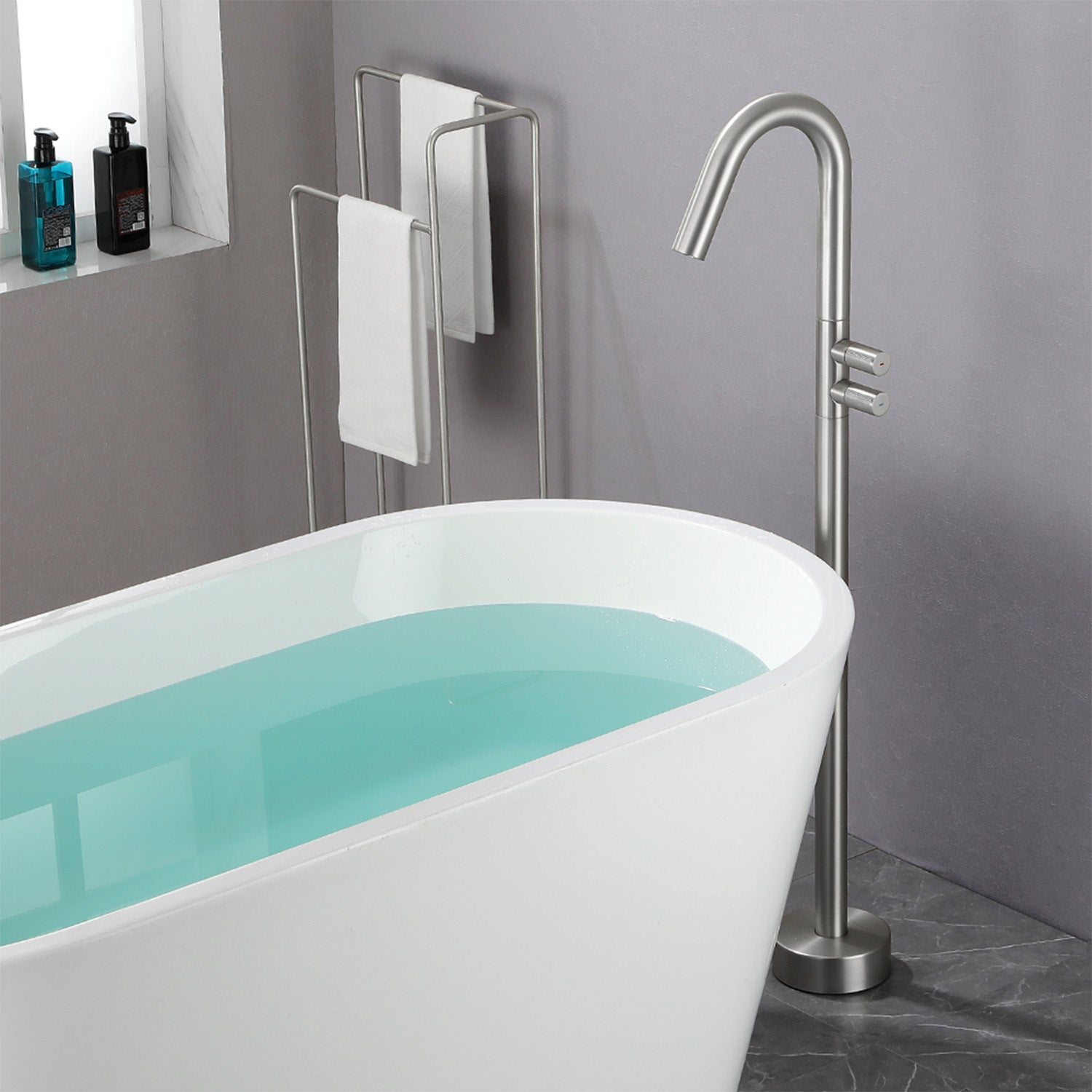 CUPC Freestanding Tub Filler Bathtub Faucet 360-Degree Rotating Floor Mounted Faucets in matte black, brushed nickel, brushed gold, brushed gun grey