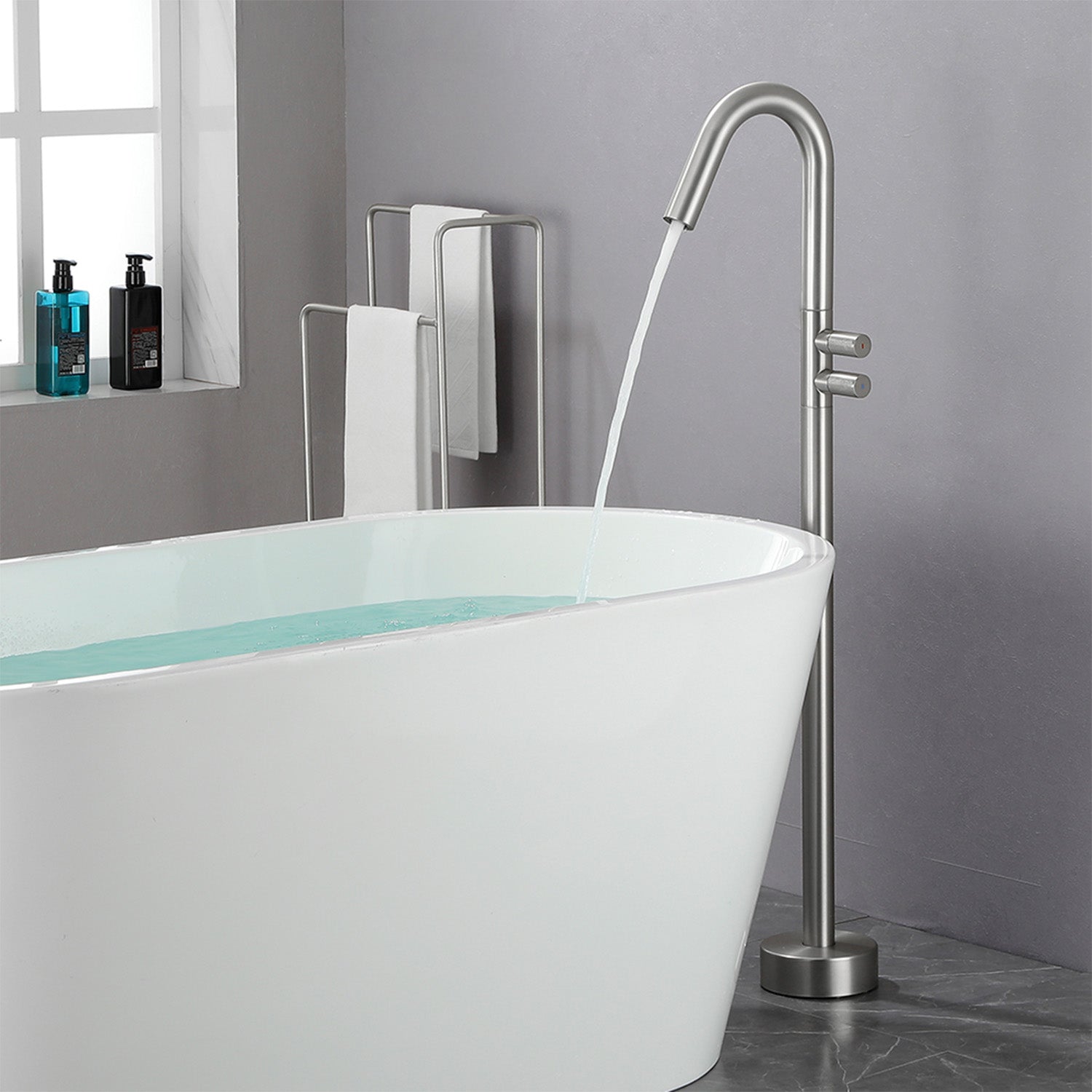 CUPC Freestanding Tub Filler Bathtub Faucet 360-Degree Rotating Floor Mounted Faucets in matte black, brushed nickel, brushed gold, brushed gun grey