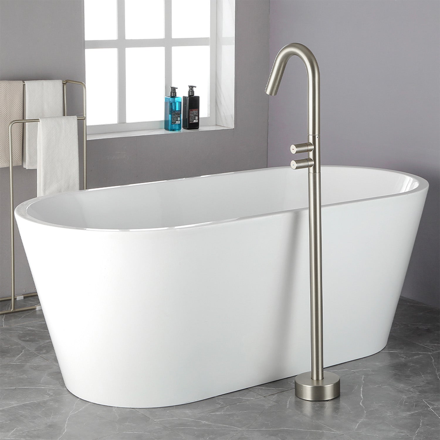 CUPC Freestanding Tub Filler Bathtub Faucet 360-Degree Rotating Floor Mounted Faucets in matte black, brushed nickel, brushed gold, brushed gun grey