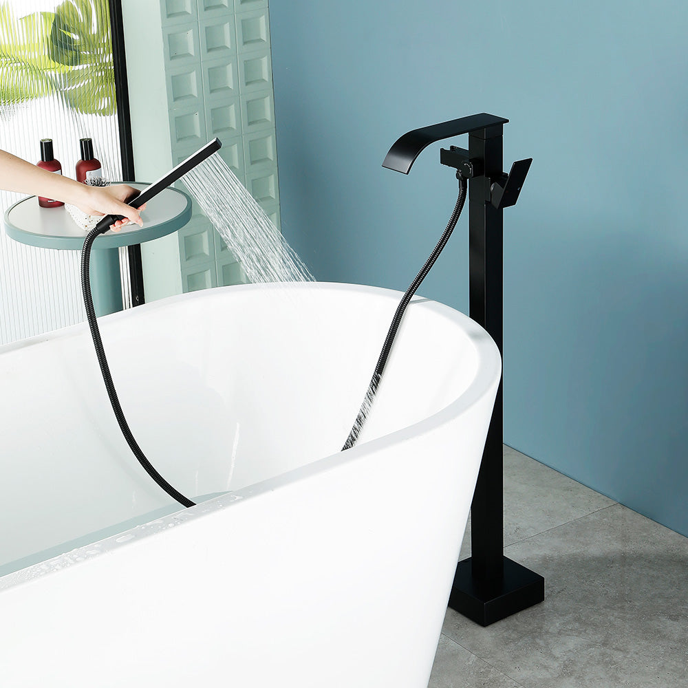 Single Handle Freestanding Bath Tub Faucet with Handshower & Waterfall Spout Stand Alone Bathtub Faucet In Matte Black, Brushed Nickel, Brushed Gold