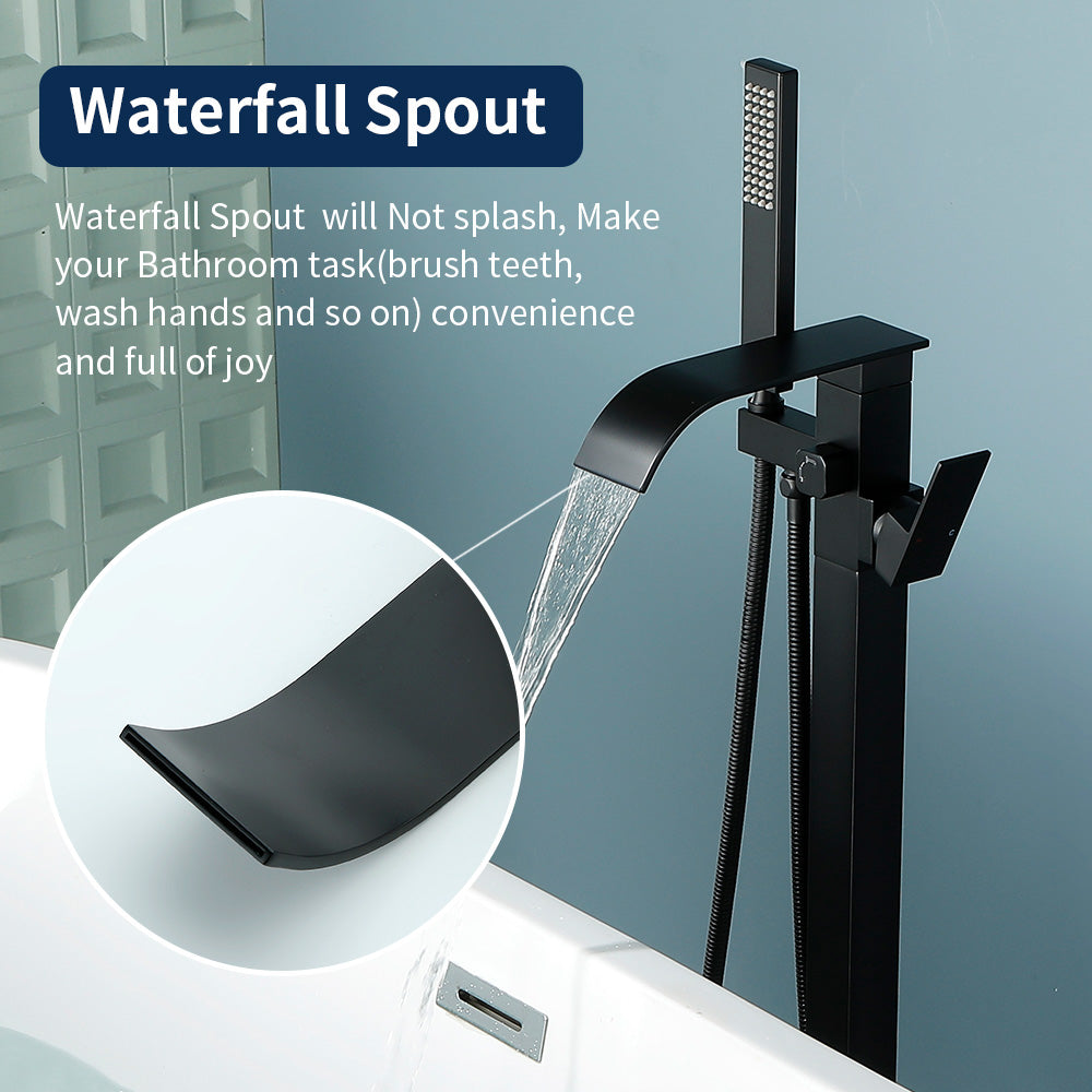 Single Handle Freestanding Bath Tub Faucet with Handshower & Waterfall Spout Stand Alone Bathtub Faucet In Matte Black, Brushed Nickel, Brushed Gold