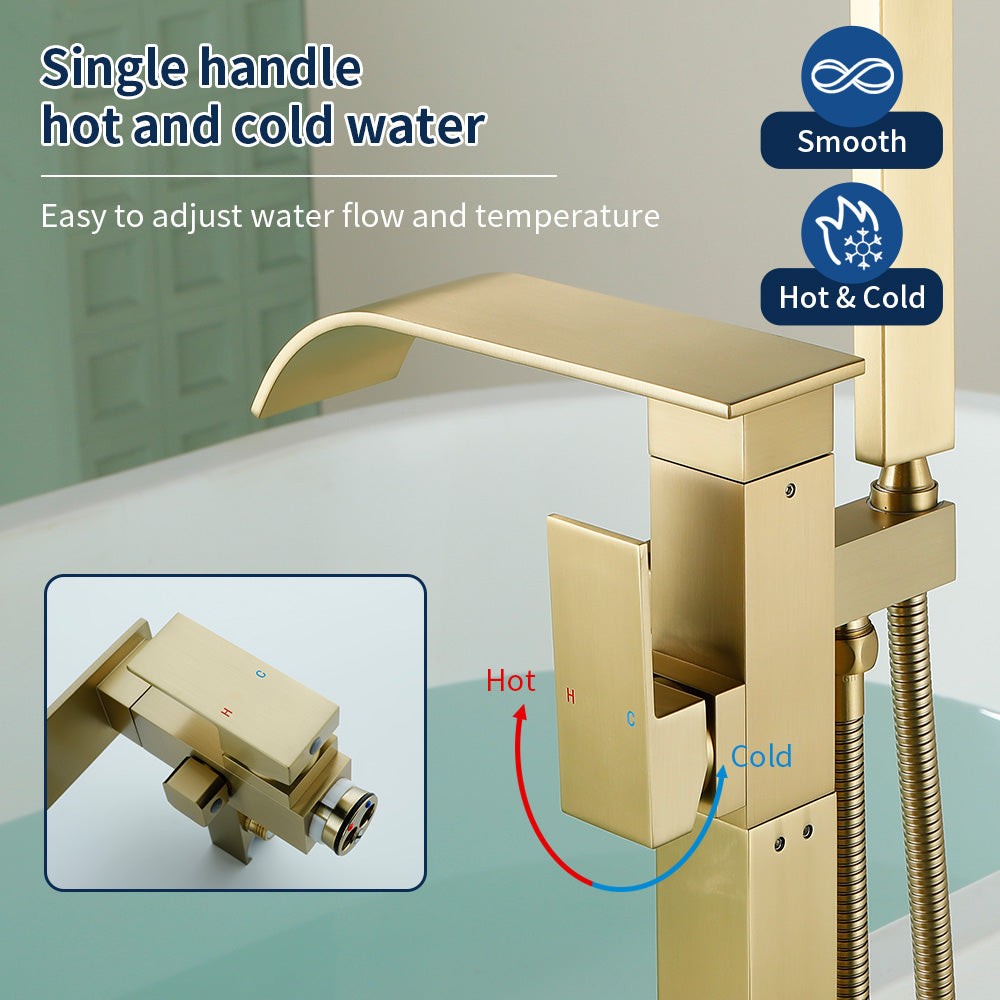 Single Handle Freestanding Bath Tub Faucet with Handshower & Waterfall Spout Stand Alone Bathtub Faucet In Matte Black, Brushed Nickel, Brushed Gold