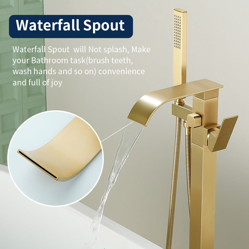 Single Handle Freestanding Bath Tub Faucet with Handshower & Waterfall Spout Stand Alone Bathtub Faucet In Matte Black, Brushed Nickel, Brushed Gold