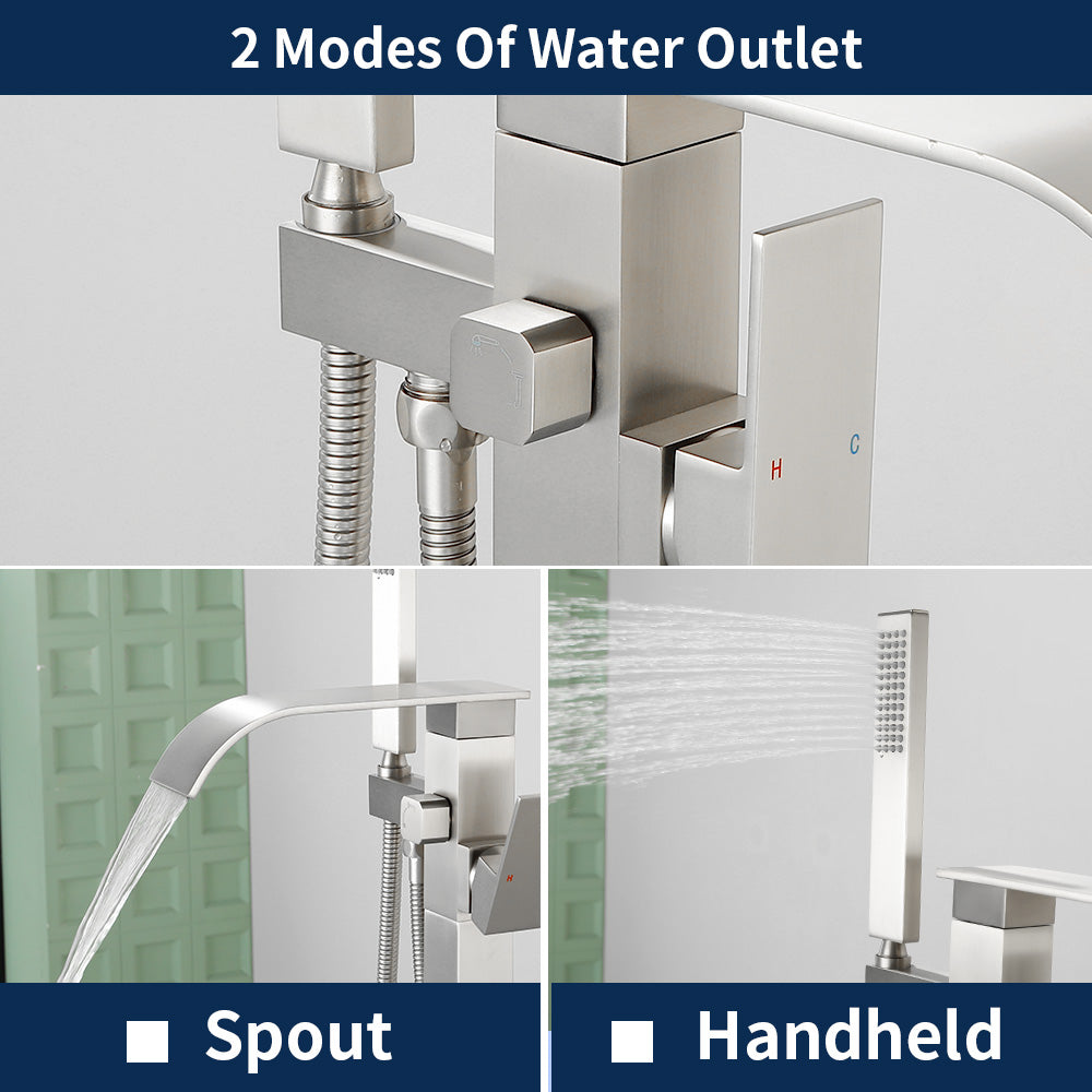 Single Handle Freestanding Bath Tub Faucet with Handshower & Waterfall Spout Stand Alone Bathtub Faucet In Matte Black, Brushed Nickel, Brushed Gold