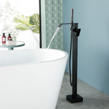 Floor Mount Waterfall Tub Filler Single Hole Hot Cold Water Mixer Free Standing Tub Faucet with Hand Shower and Valve