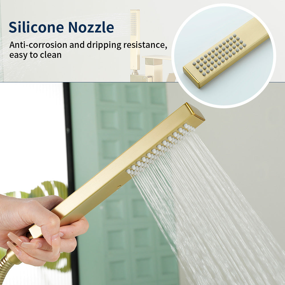 Floor Mount Waterfall Tub Filler Single Hole Hot Cold Water Mixer Free Standing Tub Faucet with Hand Shower and Valve