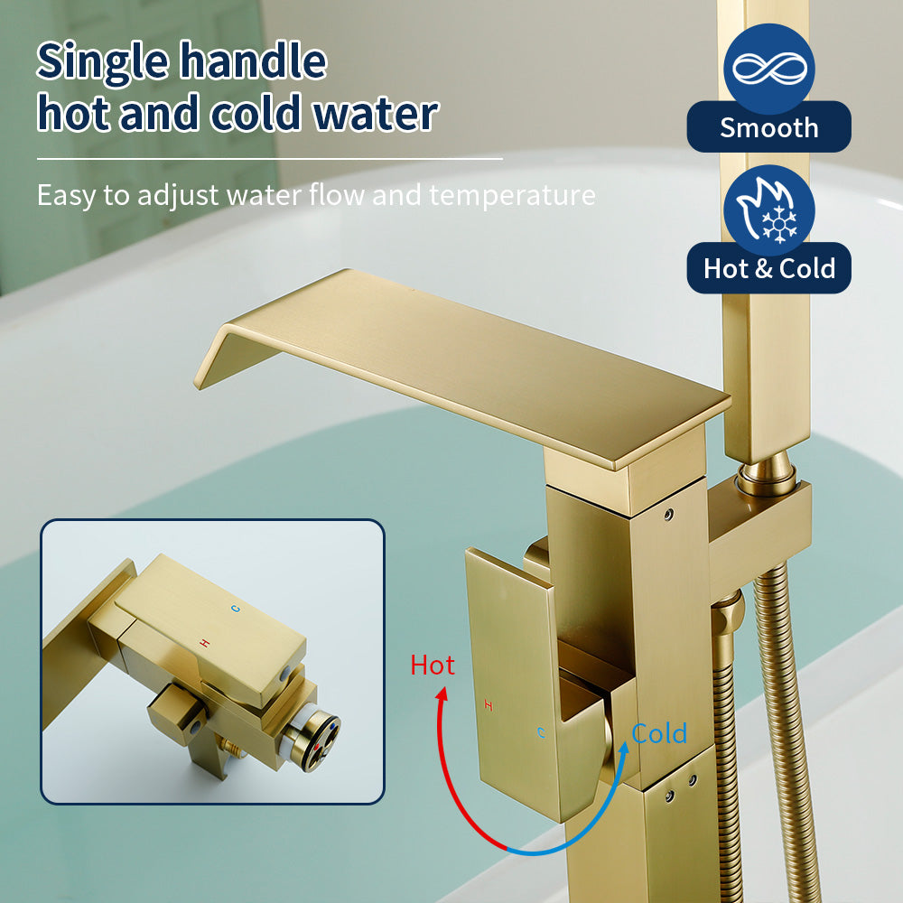 Floor Mount Waterfall Tub Filler Single Hole Hot Cold Water Mixer Free Standing Tub Faucet with Hand Shower and Valve