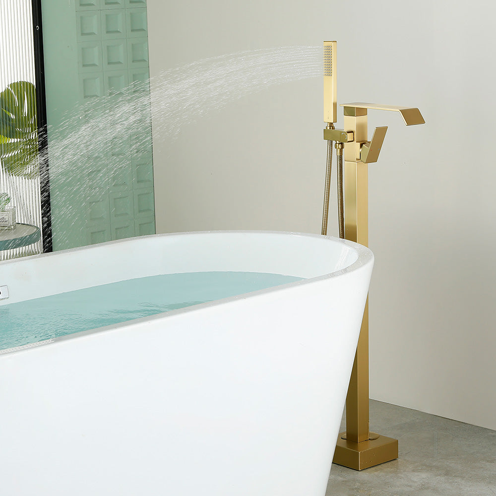 Floor Mount Waterfall Tub Filler Single Hole Hot Cold Water Mixer Free Standing Tub Faucet with Hand Shower and Valve