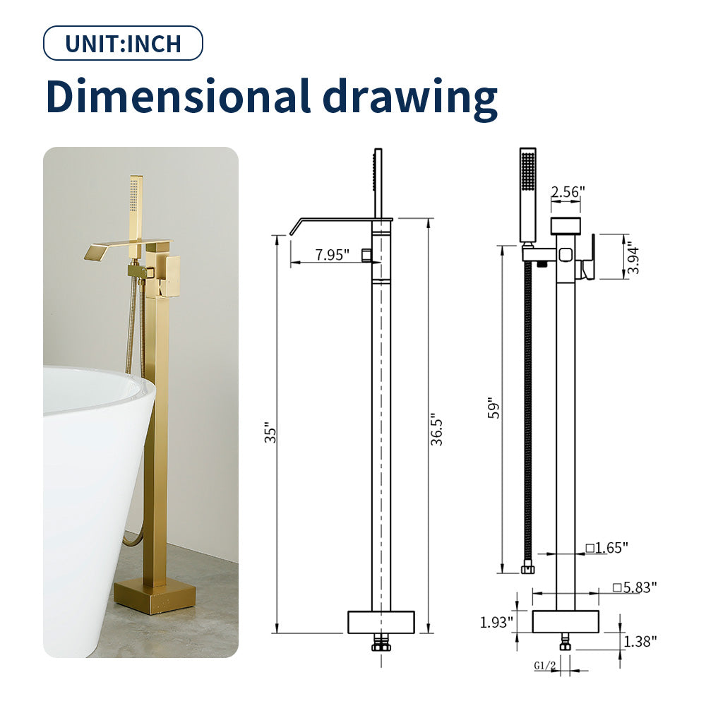 Floor Mount Waterfall Tub Filler Single Hole Hot Cold Water Mixer Free Standing Tub Faucet with Hand Shower and Valve