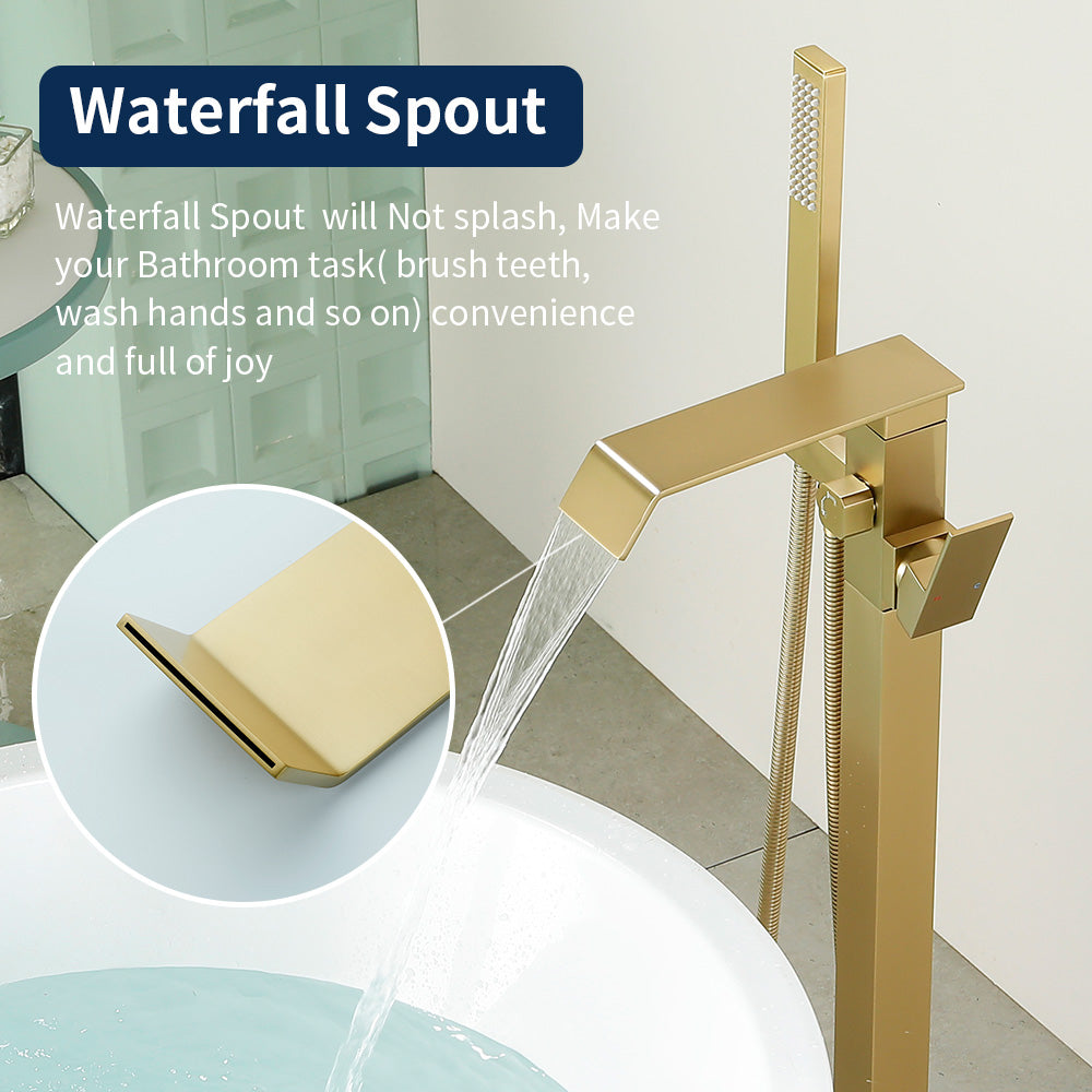 Floor Mount Waterfall Tub Filler Single Hole Hot Cold Water Mixer Free Standing Tub Faucet with Hand Shower and Valve