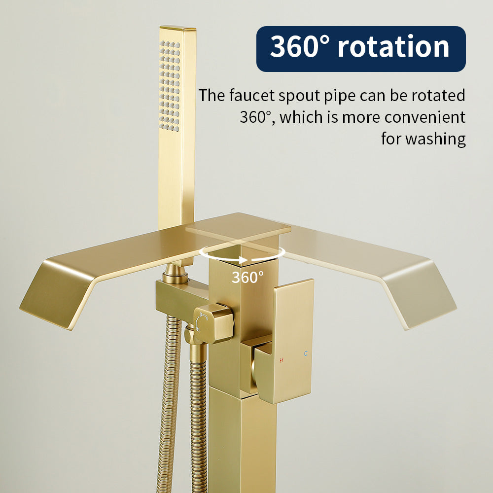 Floor Mount Waterfall Tub Filler Single Hole Hot Cold Water Mixer Free Standing Tub Faucet with Hand Shower and Valve