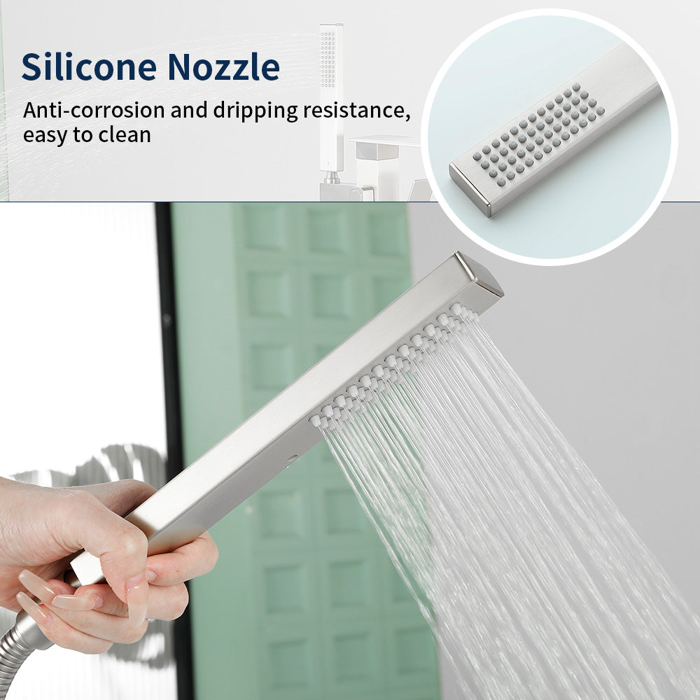Floor Mount Waterfall Tub Filler Single Hole Hot Cold Water Mixer Free Standing Tub Faucet with Hand Shower and Valve