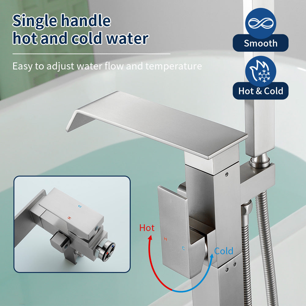 Floor Mount Waterfall Tub Filler Single Hole Hot Cold Water Mixer Free Standing Tub Faucet with Hand Shower and Valve