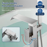 Floor Mount Waterfall Tub Filler Single Hole Hot Cold Water Mixer Free Standing Tub Faucet with Hand Shower and Valve