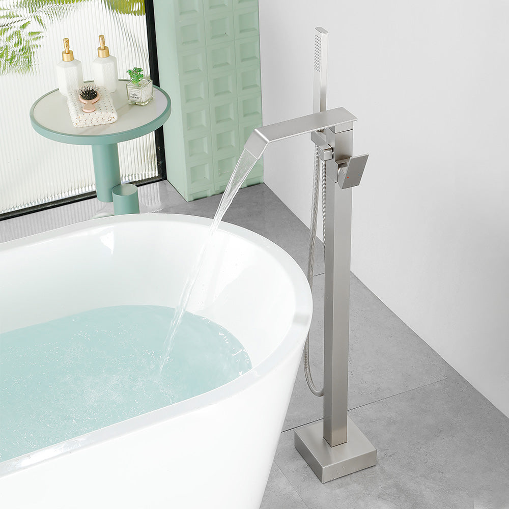 Floor Mount Waterfall Tub Filler Single Hole Hot Cold Water Mixer Free Standing Tub Faucet with Hand Shower and Valve