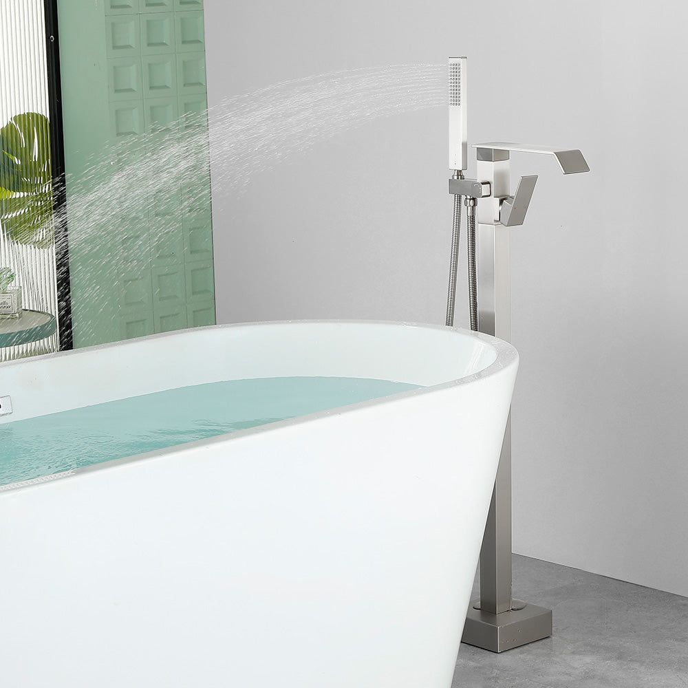 Floor Mount Waterfall Tub Filler Single Hole Hot Cold Water Mixer Free Standing Tub Faucet with Hand Shower and Valve