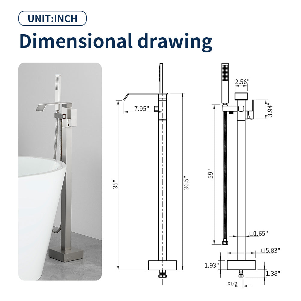 Floor Mount Waterfall Tub Filler Single Hole Hot Cold Water Mixer Free Standing Tub Faucet with Hand Shower and Valve