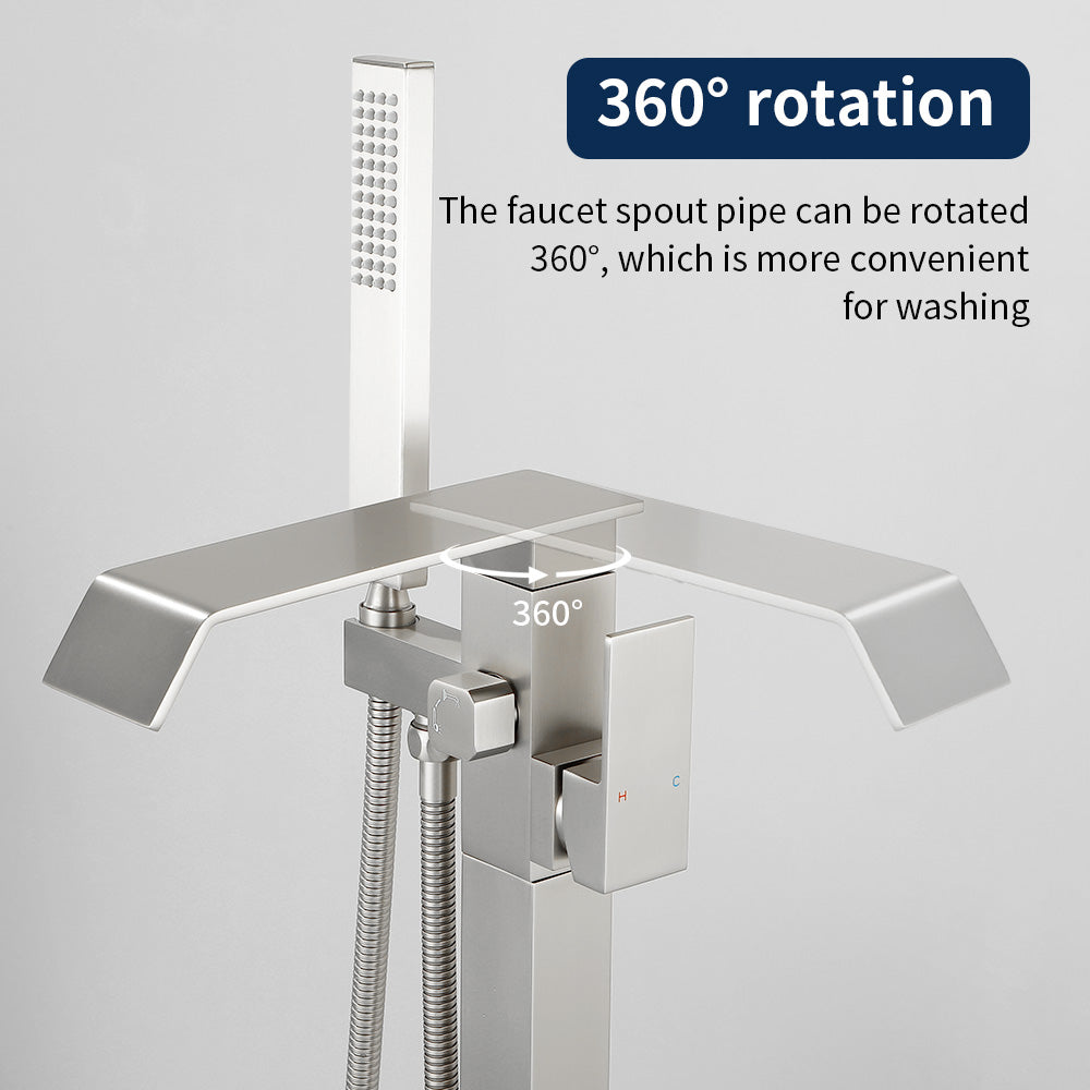 Floor Mount Waterfall Tub Filler Single Hole Hot Cold Water Mixer Free Standing Tub Faucet with Hand Shower and Valve