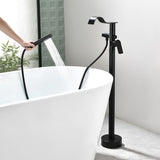 Brass Waterfall Floor-Mount Tub Faucet Single Lever Freestanding Bath Taps with Hand Shower
