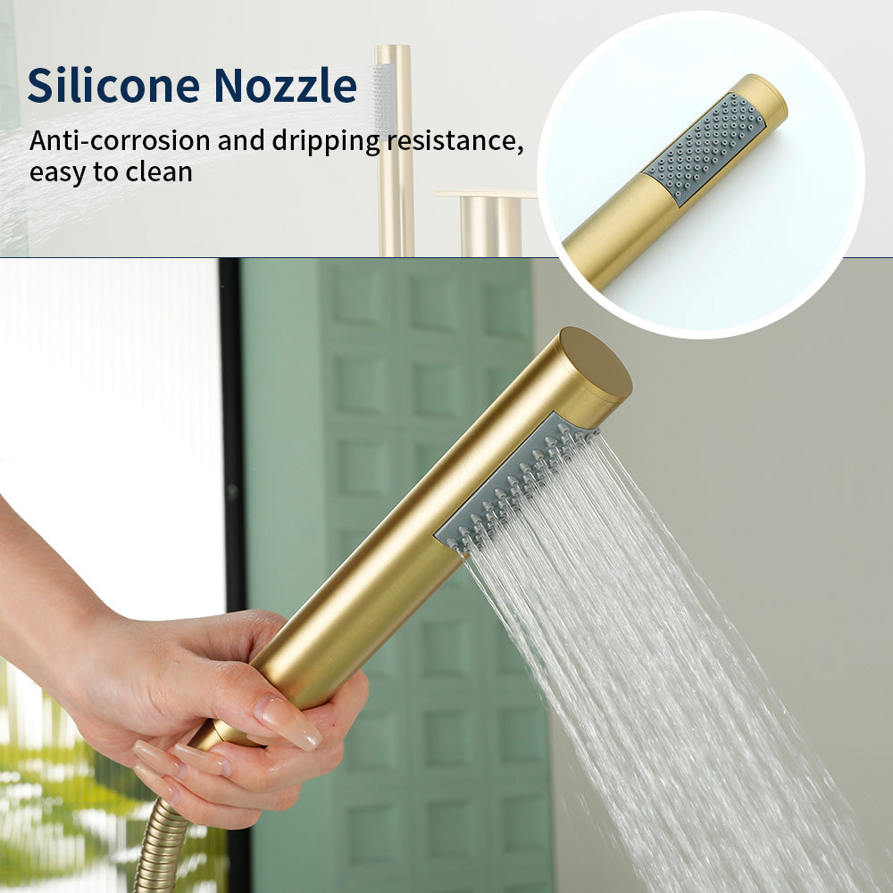 Brass Waterfall Floor-Mount Tub Faucet Single Lever Freestanding Bath Taps with Hand Shower