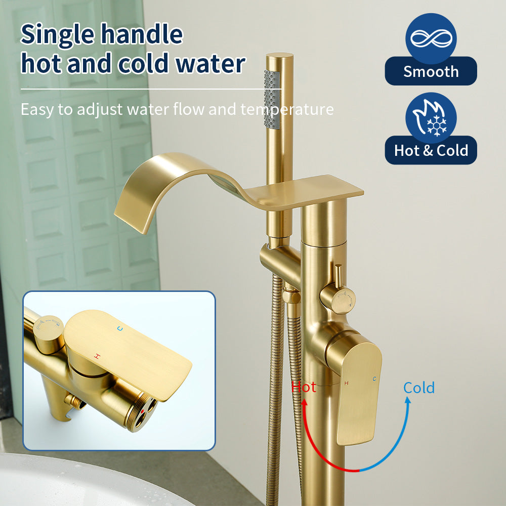 Brass Waterfall Floor-Mount Tub Faucet Single Lever Freestanding Bath Taps with Hand Shower