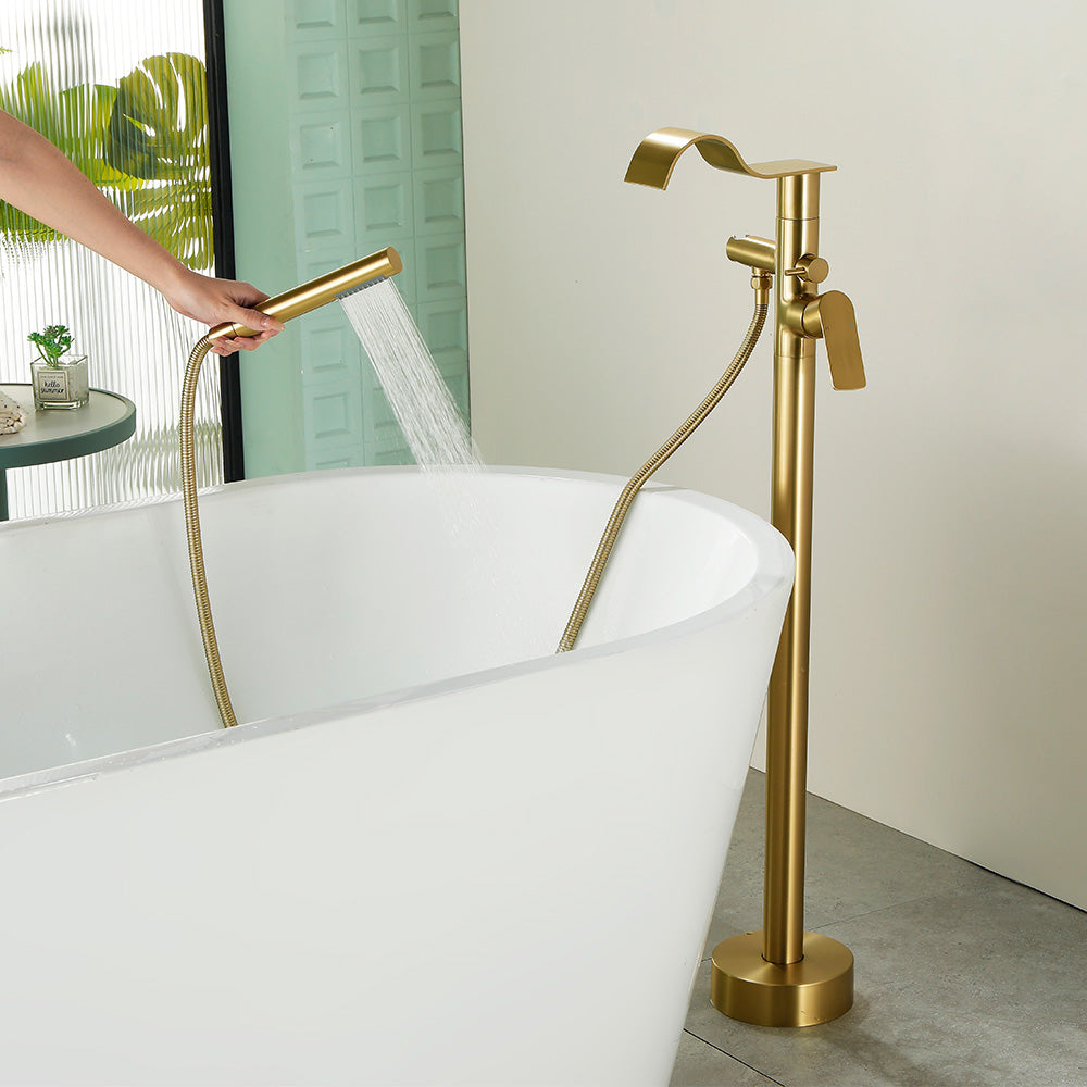 Brass Waterfall Floor-Mount Tub Faucet Single Lever Freestanding Bath Taps with Hand Shower