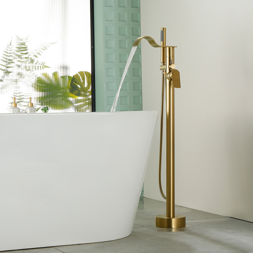 Brass Waterfall Floor-Mount Tub Faucet Single Lever Freestanding Bath Taps with Hand Shower