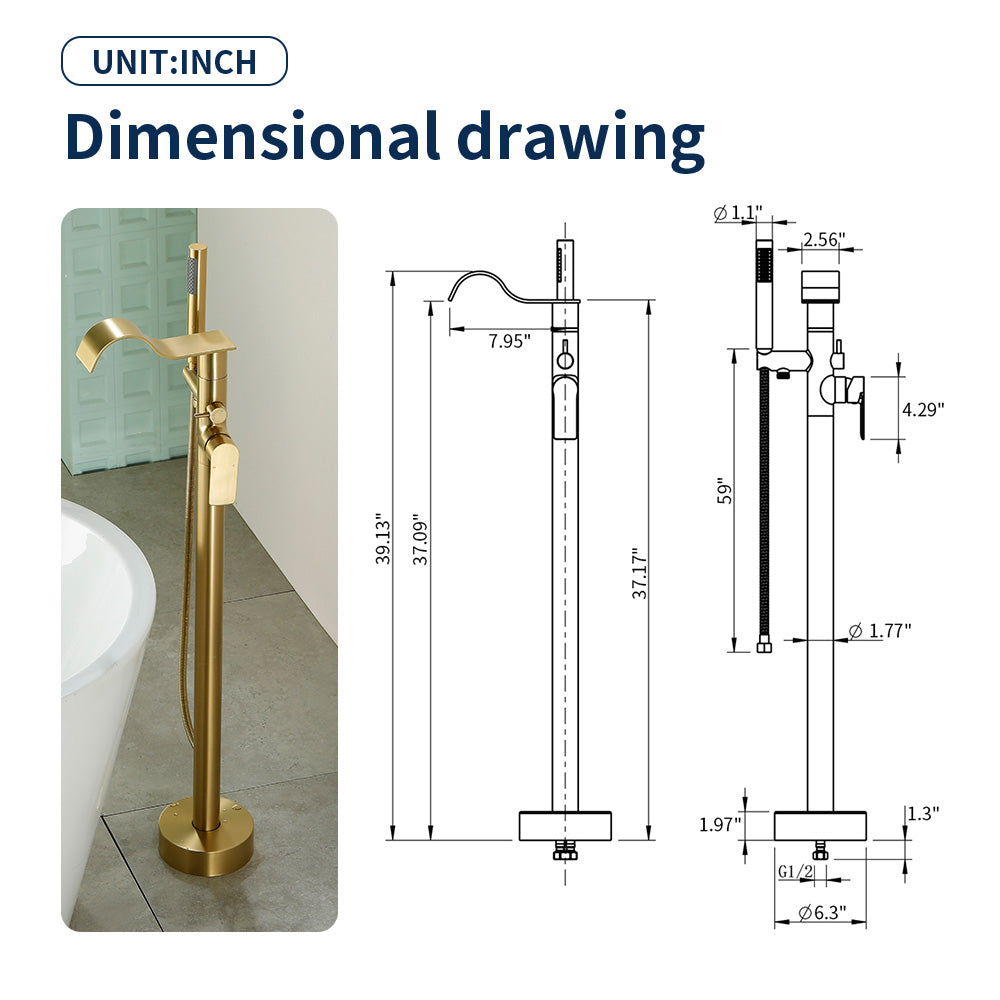 Brass Waterfall Floor-Mount Tub Faucet Single Lever Freestanding Bath Taps with Hand Shower
