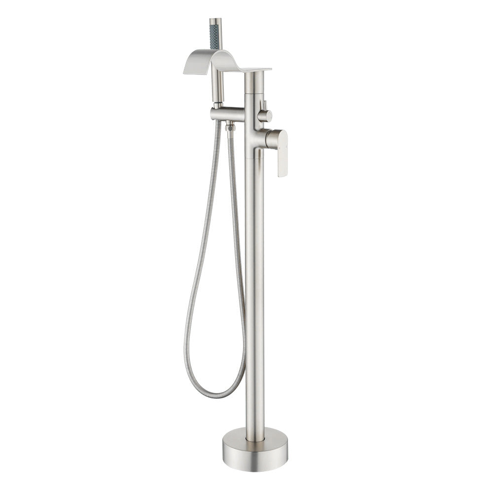 Brass Waterfall Floor-Mount Tub Faucet Single Lever Freestanding Bath Taps with Hand Shower