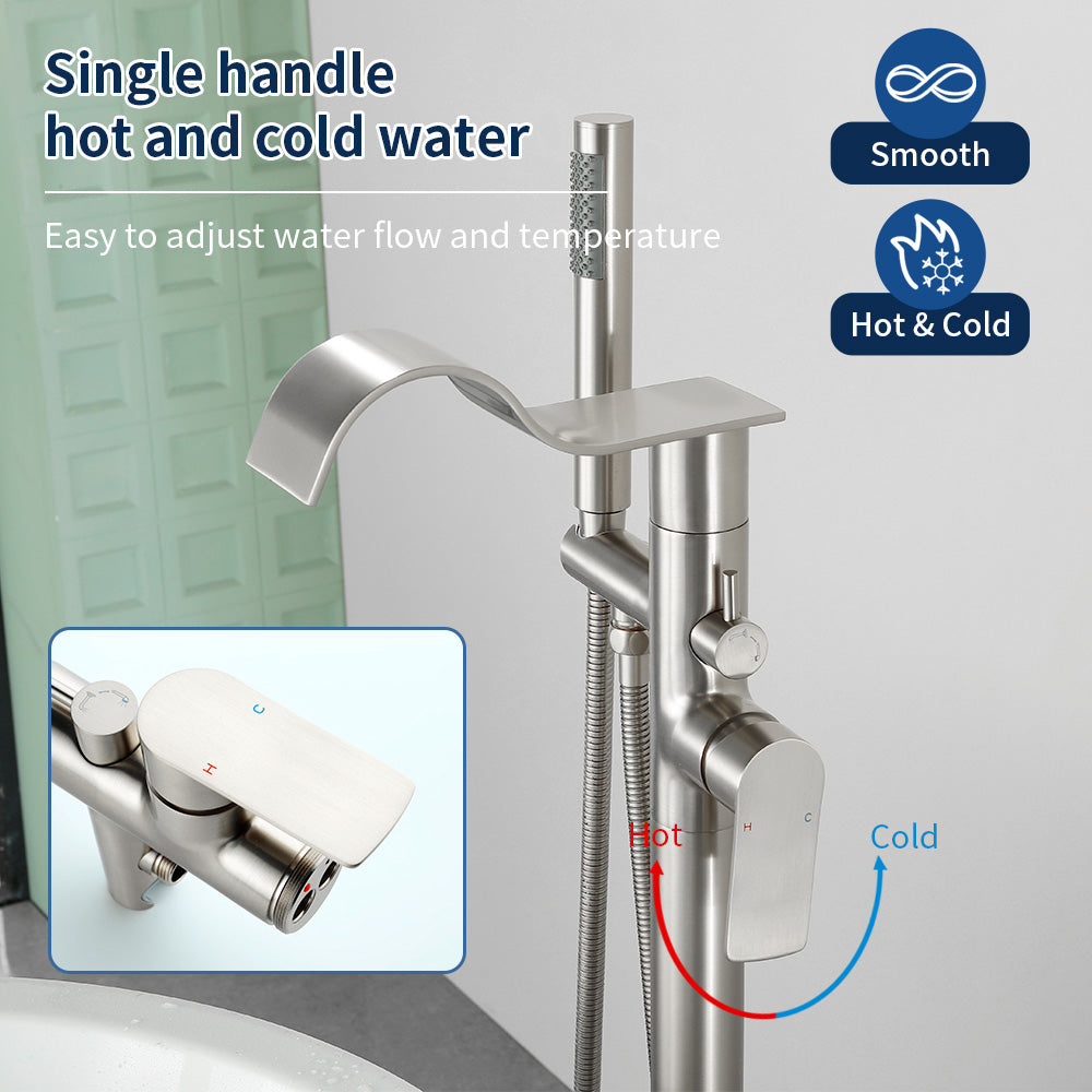 Brass Waterfall Floor-Mount Tub Faucet Single Lever Freestanding Bath Taps with Hand Shower