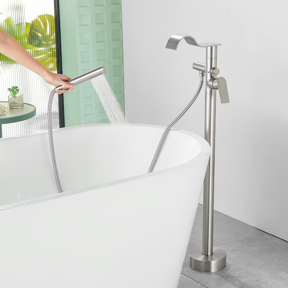 Brass Waterfall Floor-Mount Tub Faucet Single Lever Freestanding Bath Taps with Hand Shower