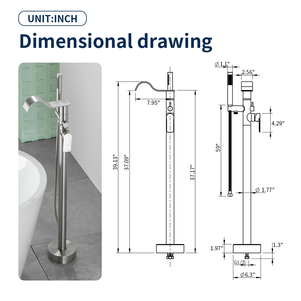Brass Waterfall Floor-Mount Tub Faucet Single Lever Freestanding Bath Taps with Hand Shower