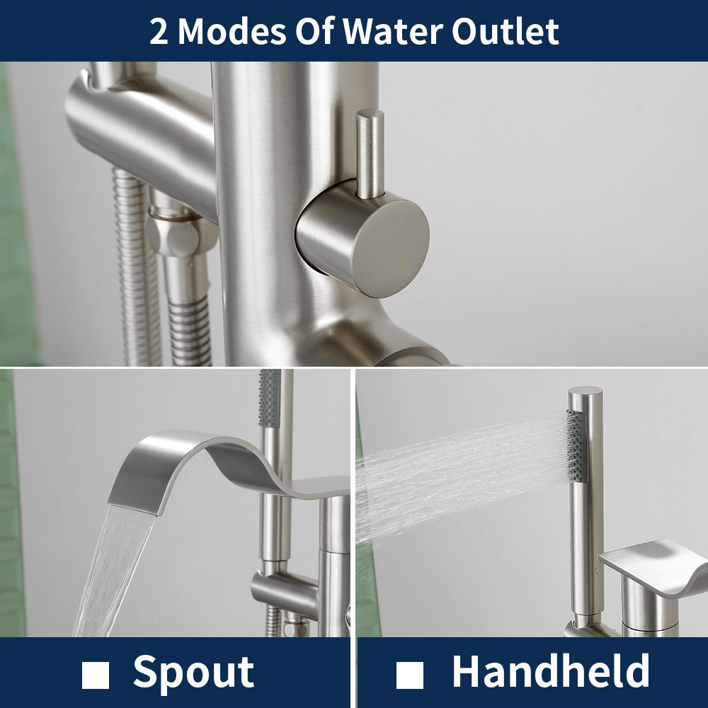 Brass Waterfall Floor-Mount Tub Faucet Single Lever Freestanding Bath Taps with Hand Shower