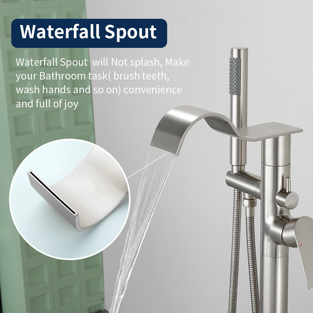Brass Waterfall Floor-Mount Tub Faucet Single Lever Freestanding Bath Taps with Hand Shower