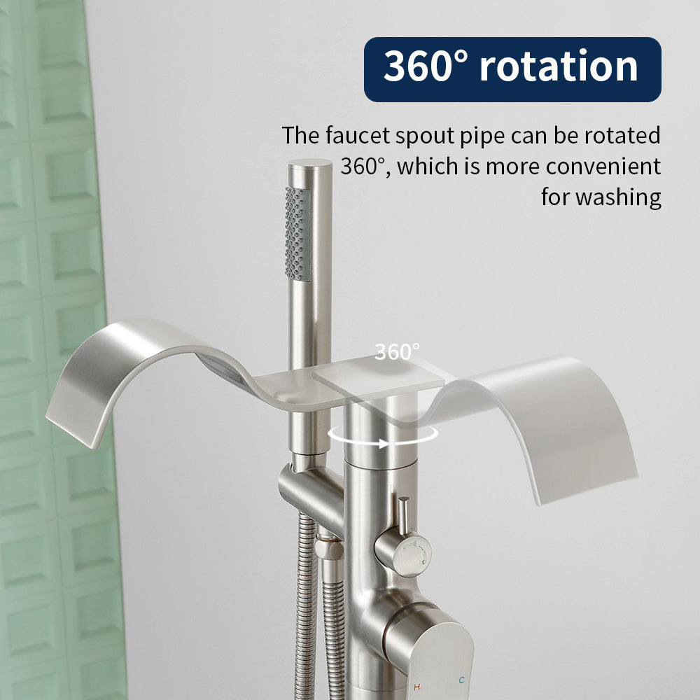 Brass Waterfall Floor-Mount Tub Faucet Single Lever Freestanding Bath Taps with Hand Shower