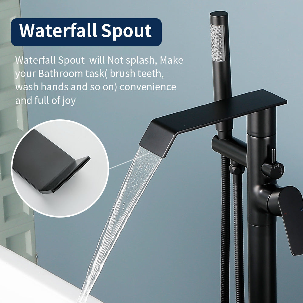Freestanding Bath Tub Filler Trim Dual Functions 1 Handle 360° Swivel Waterfall Floor Mount Bathtub Faucet with Handheld Sprayer