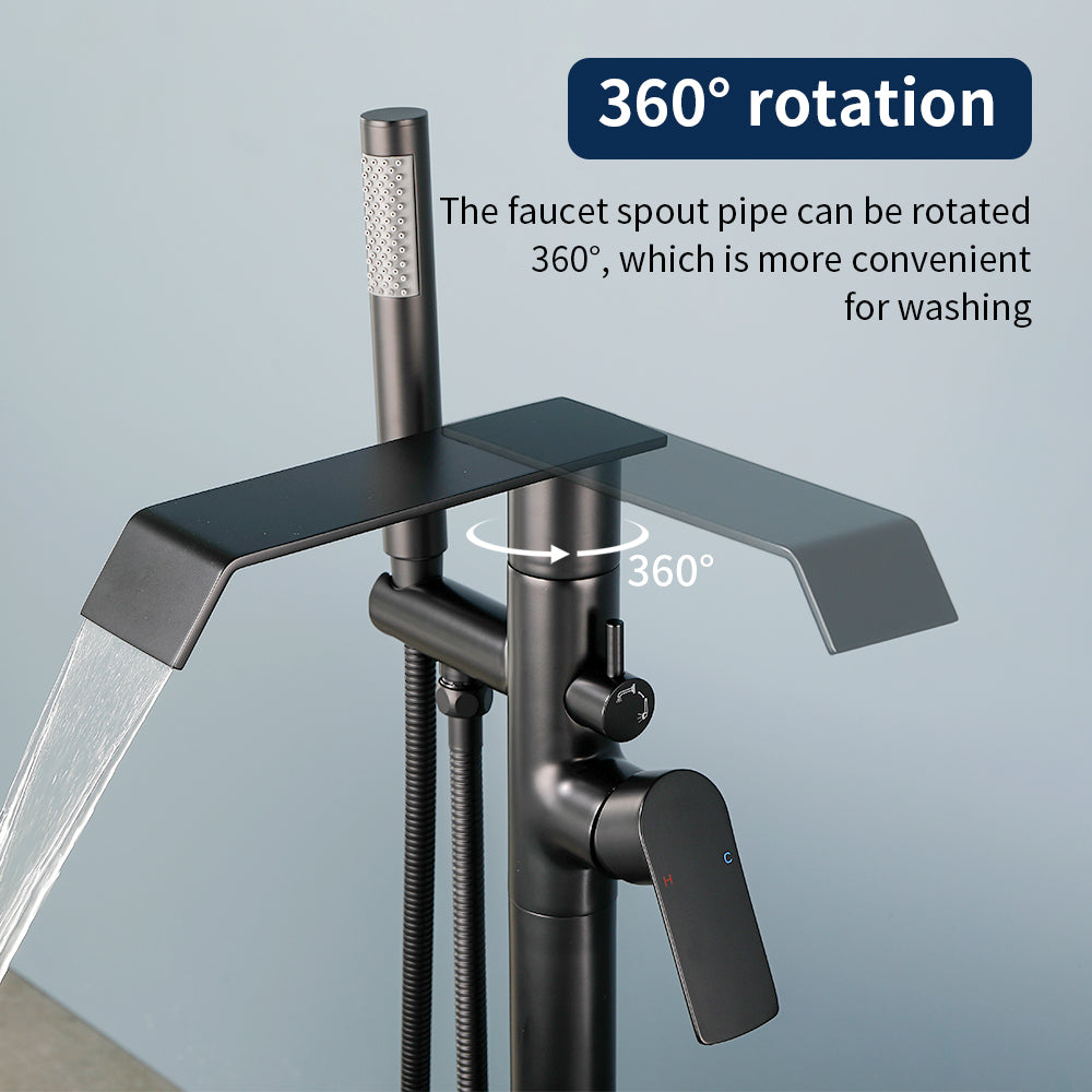 Freestanding Bath Tub Filler Trim Dual Functions 1 Handle 360° Swivel Waterfall Floor Mount Bathtub Faucet with Handheld Sprayer