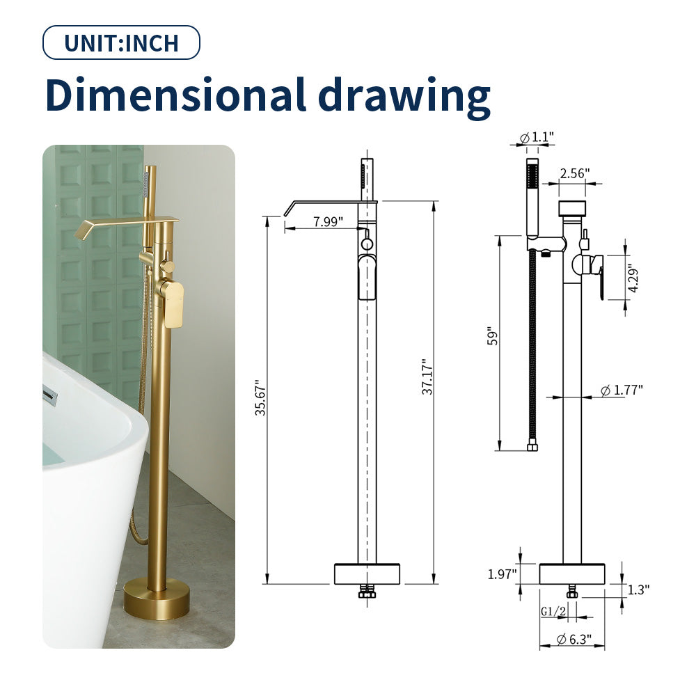 Freestanding Bath Tub Filler Trim Dual Functions 1 Handle 360° Swivel Waterfall Floor Mount Bathtub Faucet with Handheld Sprayer