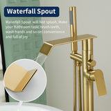 Freestanding Bath Tub Filler Trim Dual Functions 1 Handle 360° Swivel Waterfall Floor Mount Bathtub Faucet with Handheld Sprayer
