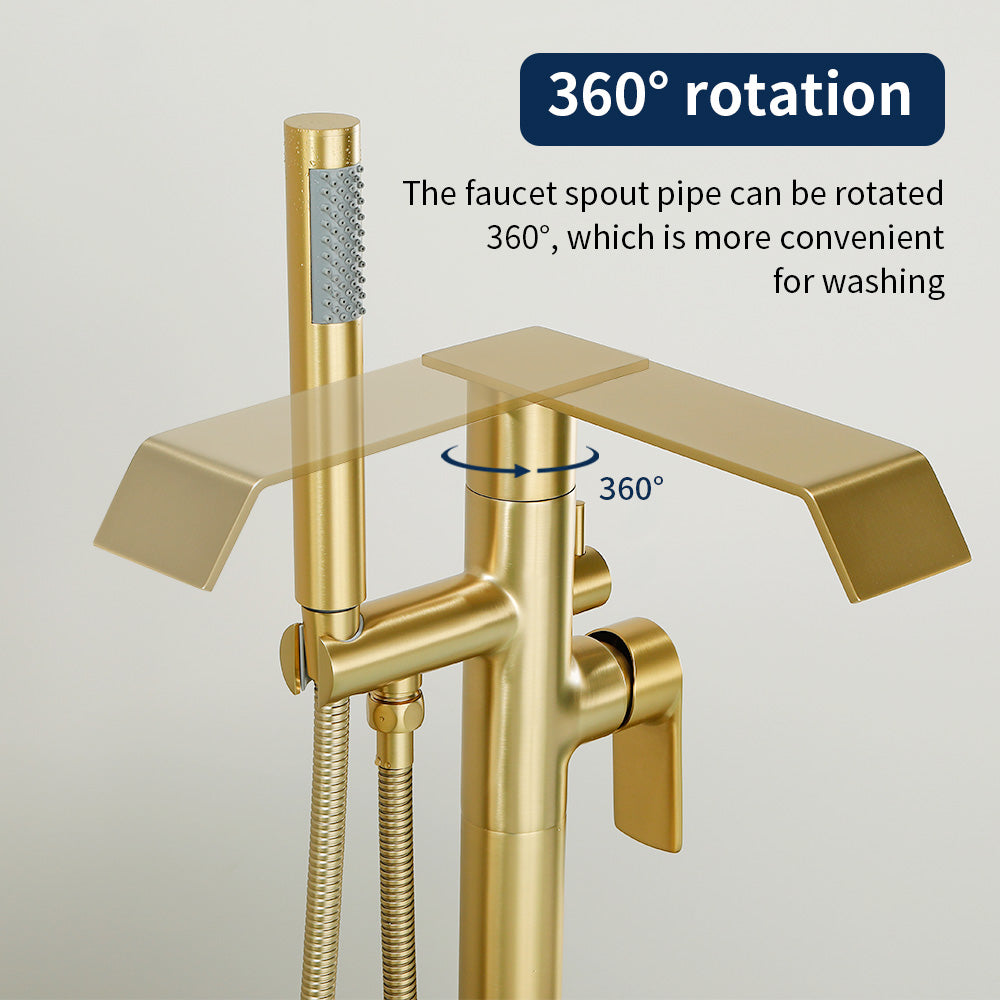 Freestanding Bath Tub Filler Trim Dual Functions 1 Handle 360° Swivel Waterfall Floor Mount Bathtub Faucet with Handheld Sprayer