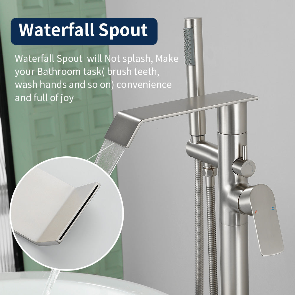 Freestanding Bath Tub Filler Trim Dual Functions 1 Handle 360° Swivel Waterfall Floor Mount Bathtub Faucet with Handheld Sprayer