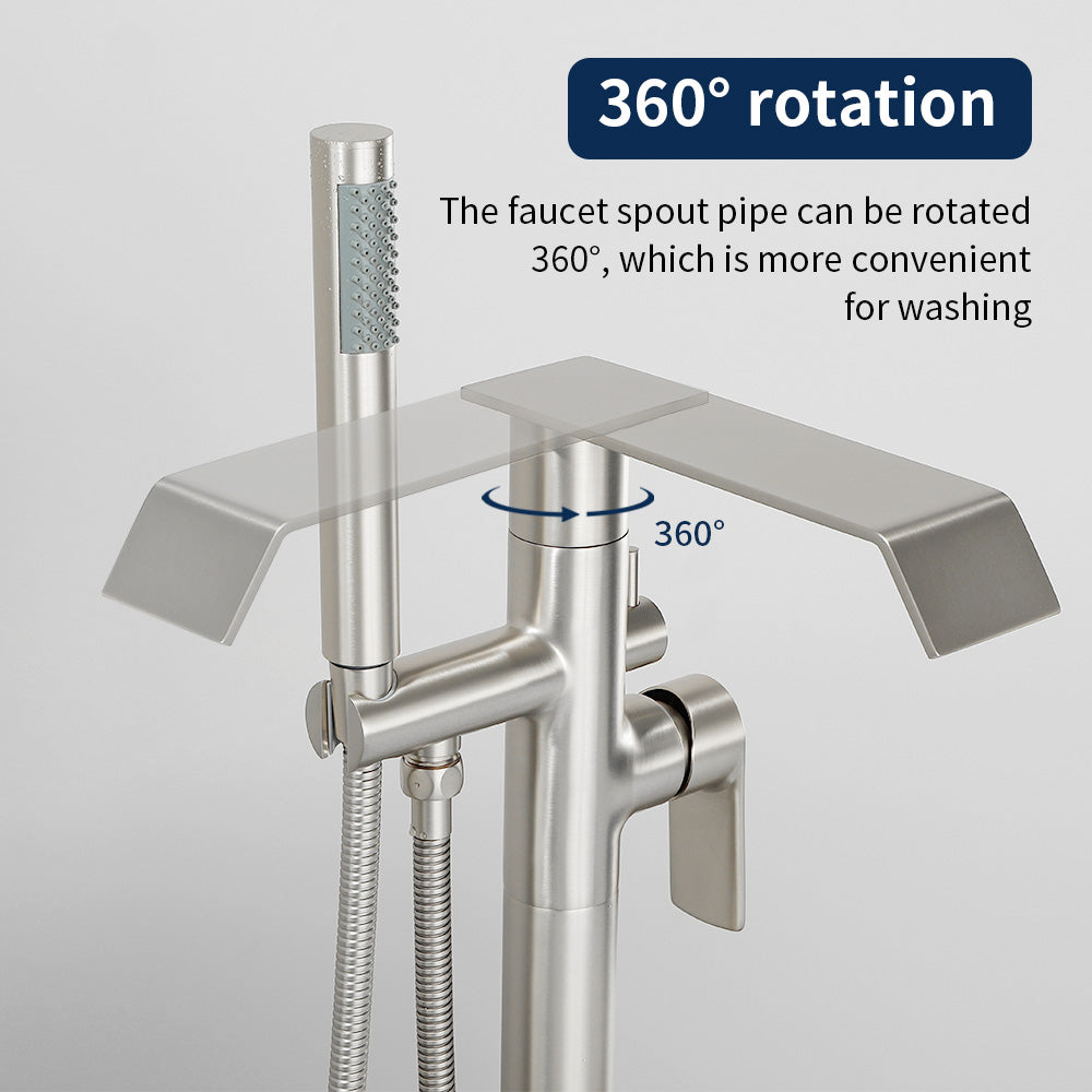 Freestanding Bath Tub Filler Trim Dual Functions 1 Handle 360° Swivel Waterfall Floor Mount Bathtub Faucet with Handheld Sprayer