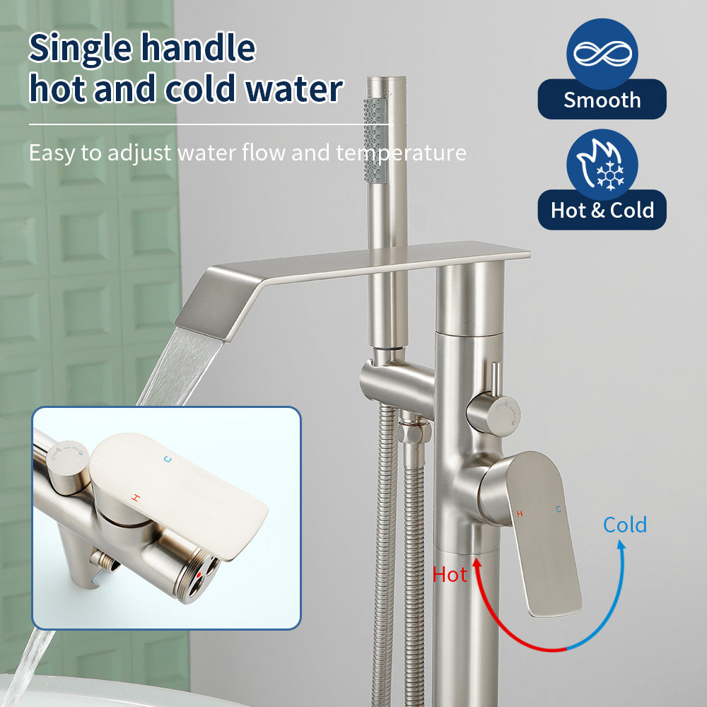 Freestanding Bath Tub Filler Trim Dual Functions 1 Handle 360° Swivel Waterfall Floor Mount Bathtub Faucet with Handheld Sprayer