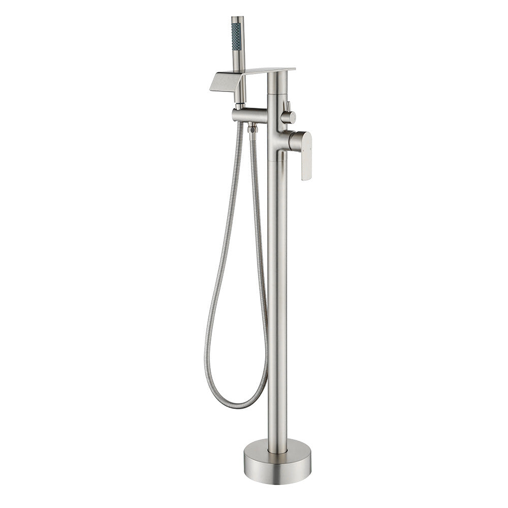 Freestanding Bath Tub Filler Trim Dual Functions 1 Handle 360° Swivel Waterfall Floor Mount Bathtub Faucet with Handheld Sprayer