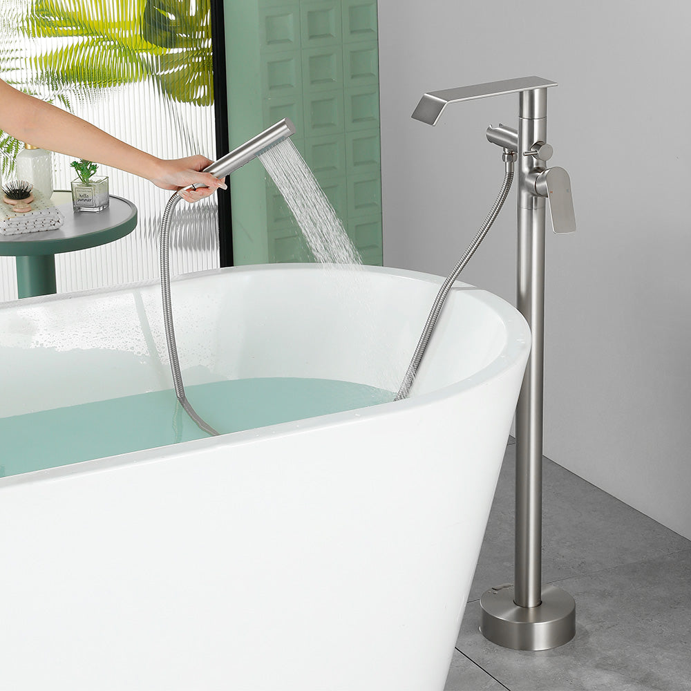 Freestanding Bath Tub Filler Trim Dual Functions 1 Handle 360° Swivel Waterfall Floor Mount Bathtub Faucet with Handheld Sprayer