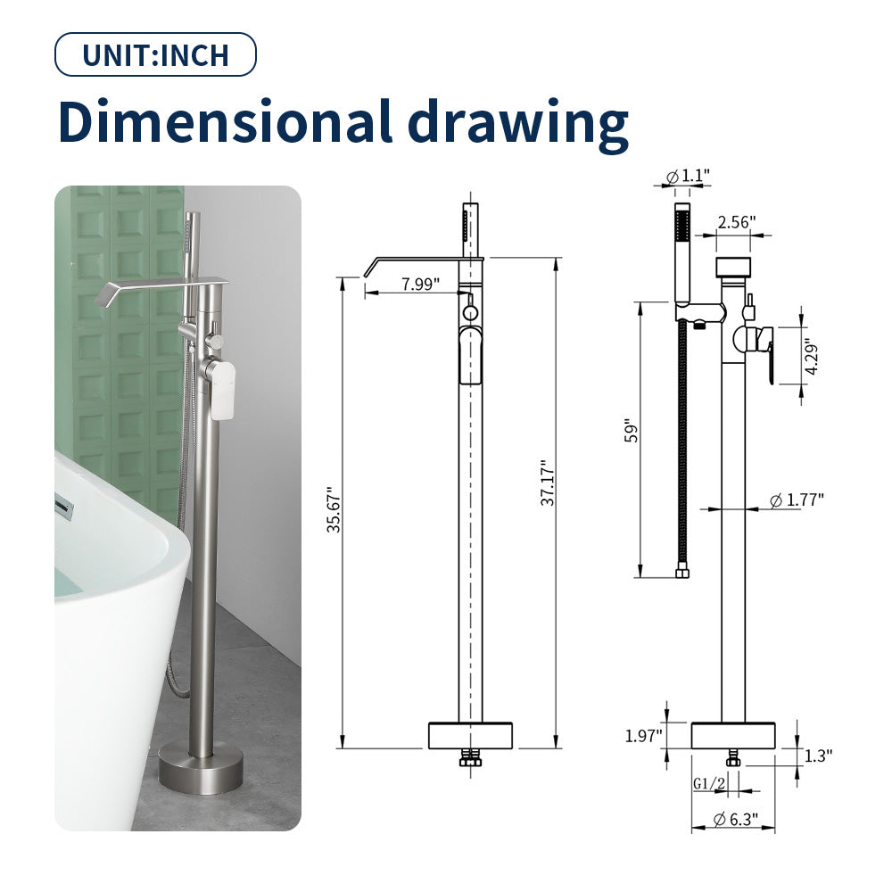 Freestanding Bath Tub Filler Trim Dual Functions 1 Handle 360° Swivel Waterfall Floor Mount Bathtub Faucet with Handheld Sprayer