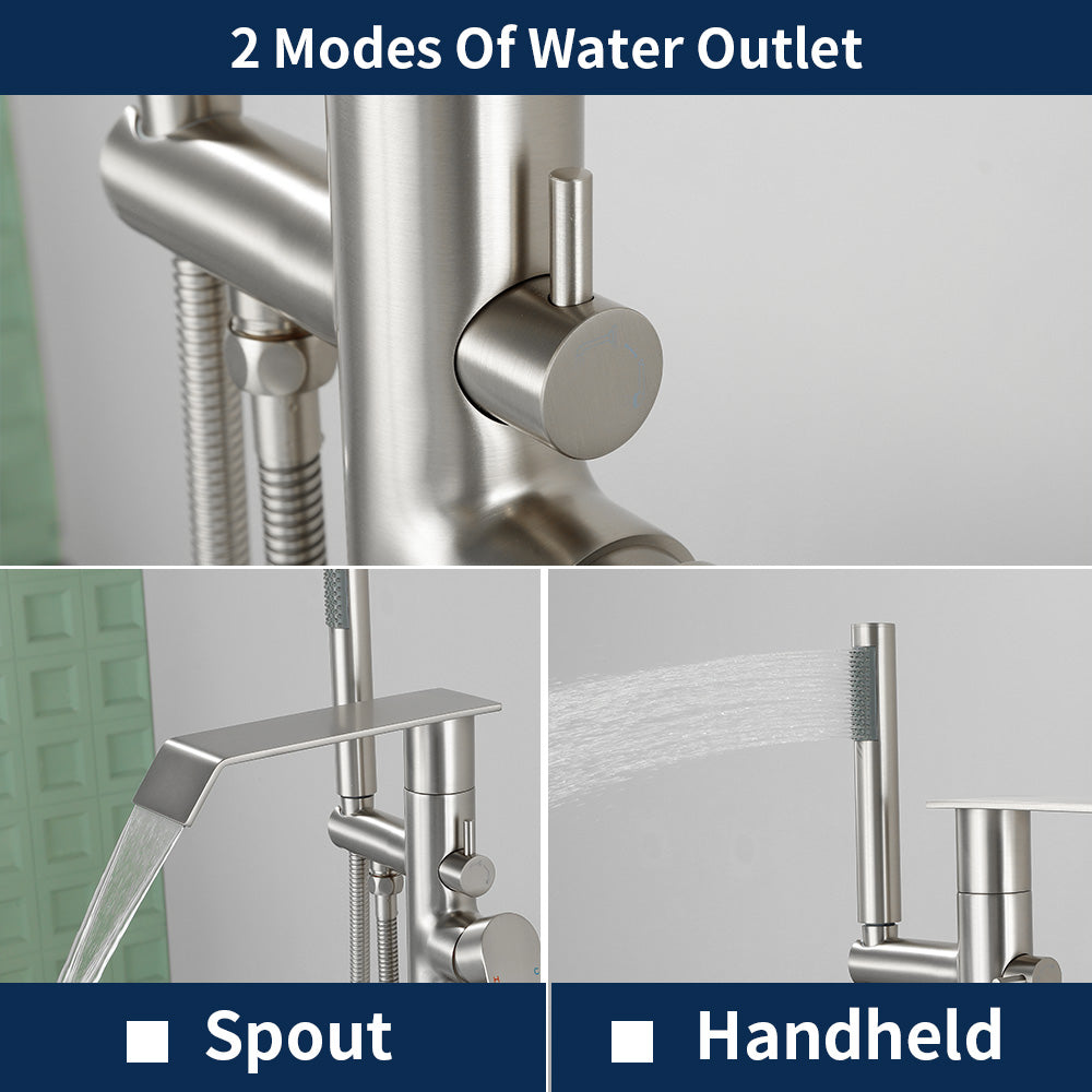 Freestanding Bath Tub Filler Trim Dual Functions 1 Handle 360° Swivel Waterfall Floor Mount Bathtub Faucet with Handheld Sprayer