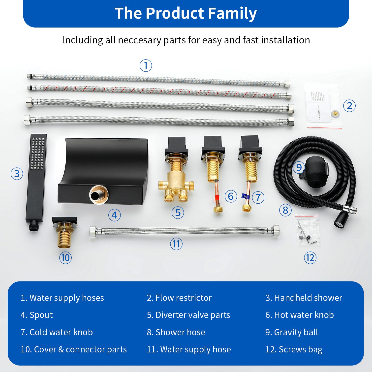 Deck Mount Bath Trim Hot and Cold Water Mixer 2 Knob Handles 5-Hole Roman Tub Faucet with Diverter and Hand Shower