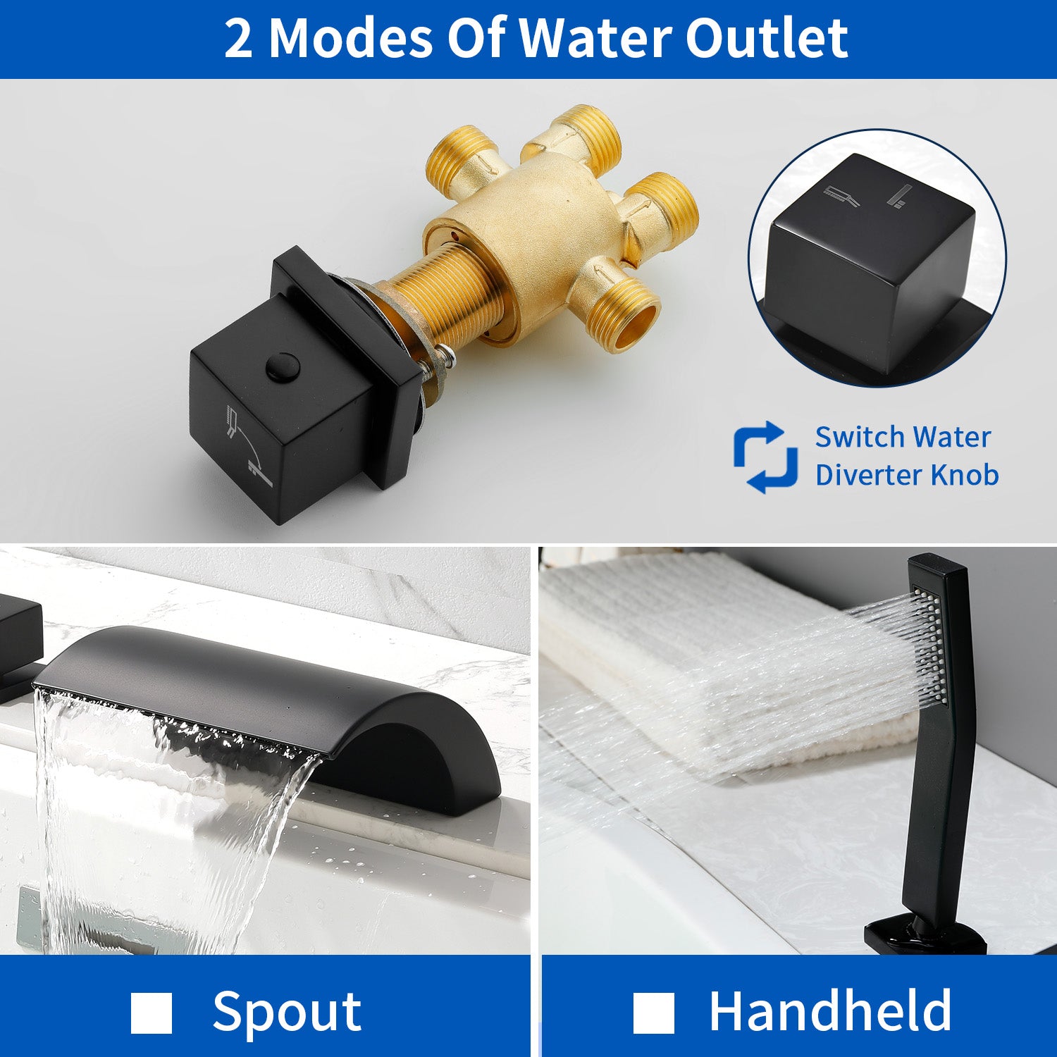 Deck Mount Bath Trim Hot and Cold Water Mixer 2 Knob Handles 5-Hole Roman Tub Faucet with Diverter and Hand Shower