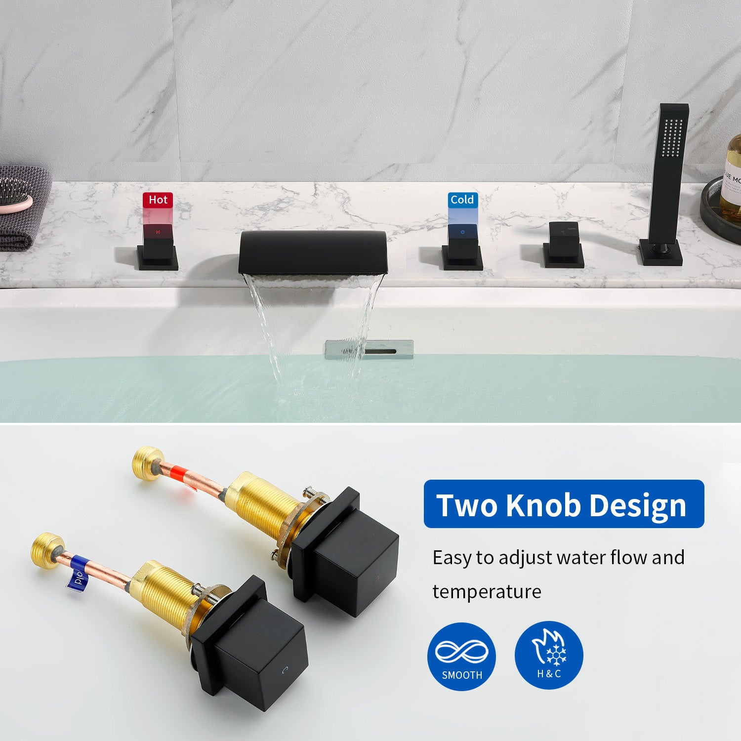 Deck Mount Bath Trim Hot and Cold Water Mixer 2 Knob Handles 5-Hole Roman Tub Faucet with Diverter and Hand Shower